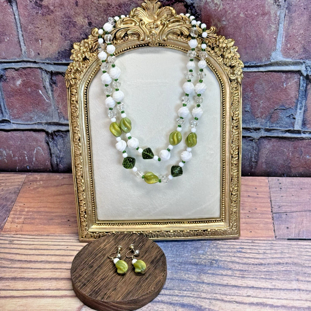 Vintage 2 Strand Green White Beaded‎ Necklace Earrings Set 1950s Costume Jewelry